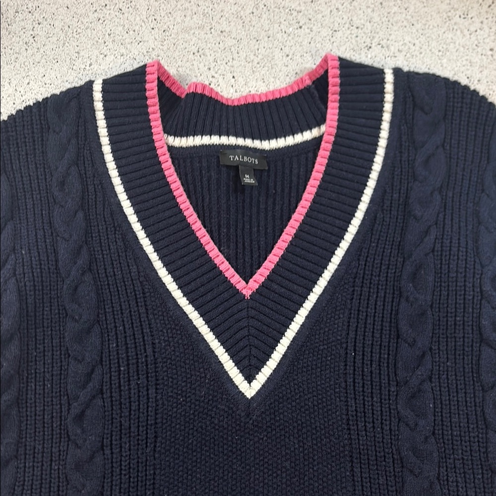 Talbots Navy V-Neck Cable Sweater with Pink and Cream Trim - Picture 2 of 5